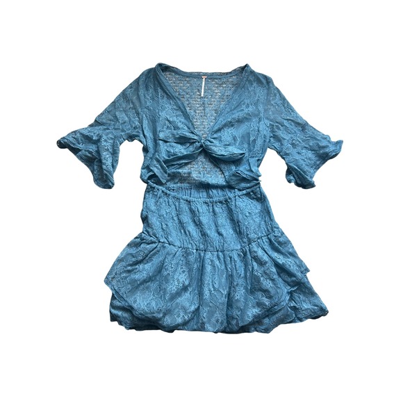 NWOT Free People Reversible Lace Mini Dress Blue Bell Sleeve Medium - Picture 5 of 8